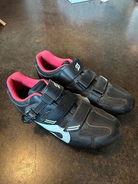 Peloton Black Cycling Shoes with Pink Lining and Silver Accents